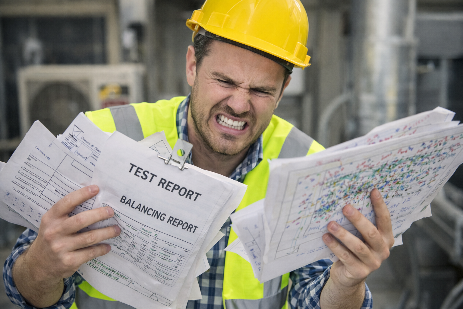 Commissioning marked-up HVAC drawing showing site verification notes and system changes