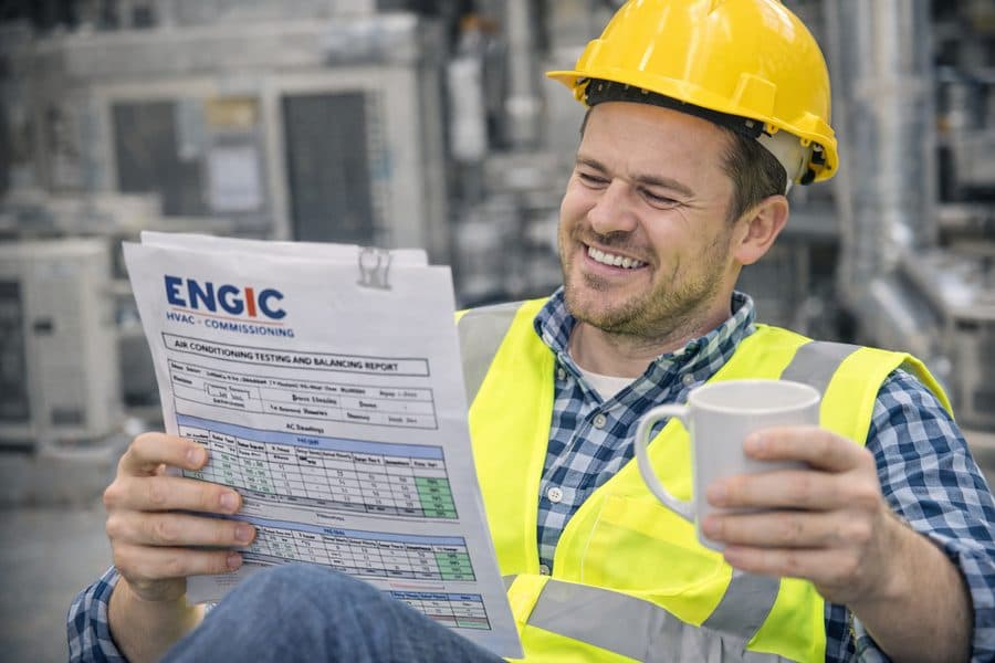 Happy contractor holding a clear ENGIC TAB report